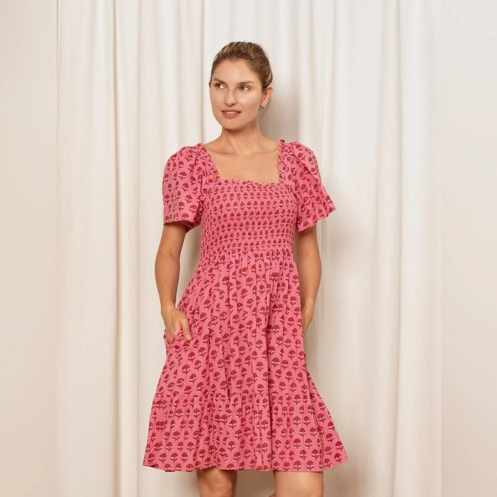 NWT Ophelia & Indigo Pink Floral Smocked Puff Sleeve Dress Cottagecore – XS - Picture 2 of 8